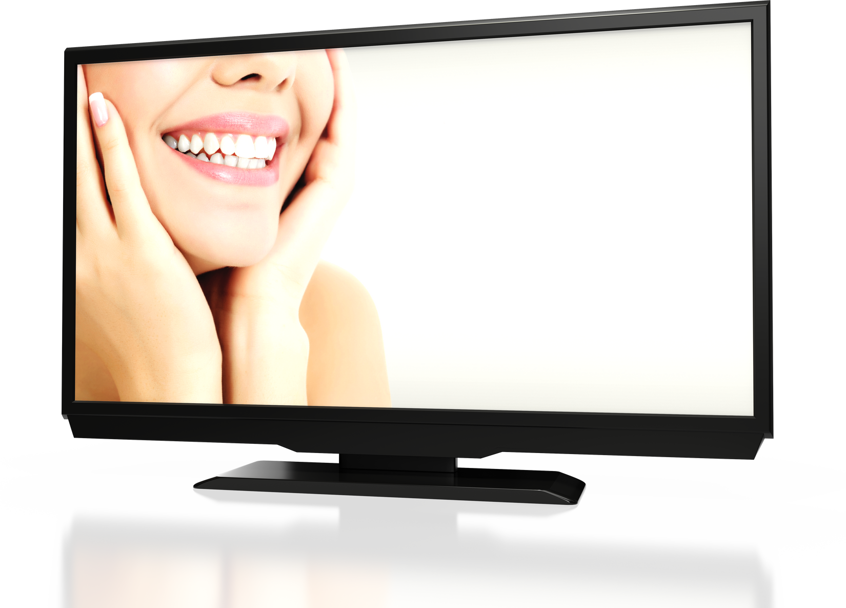 Cheerful Female Smile on an Abstract LED Tv Screen, White Backgr